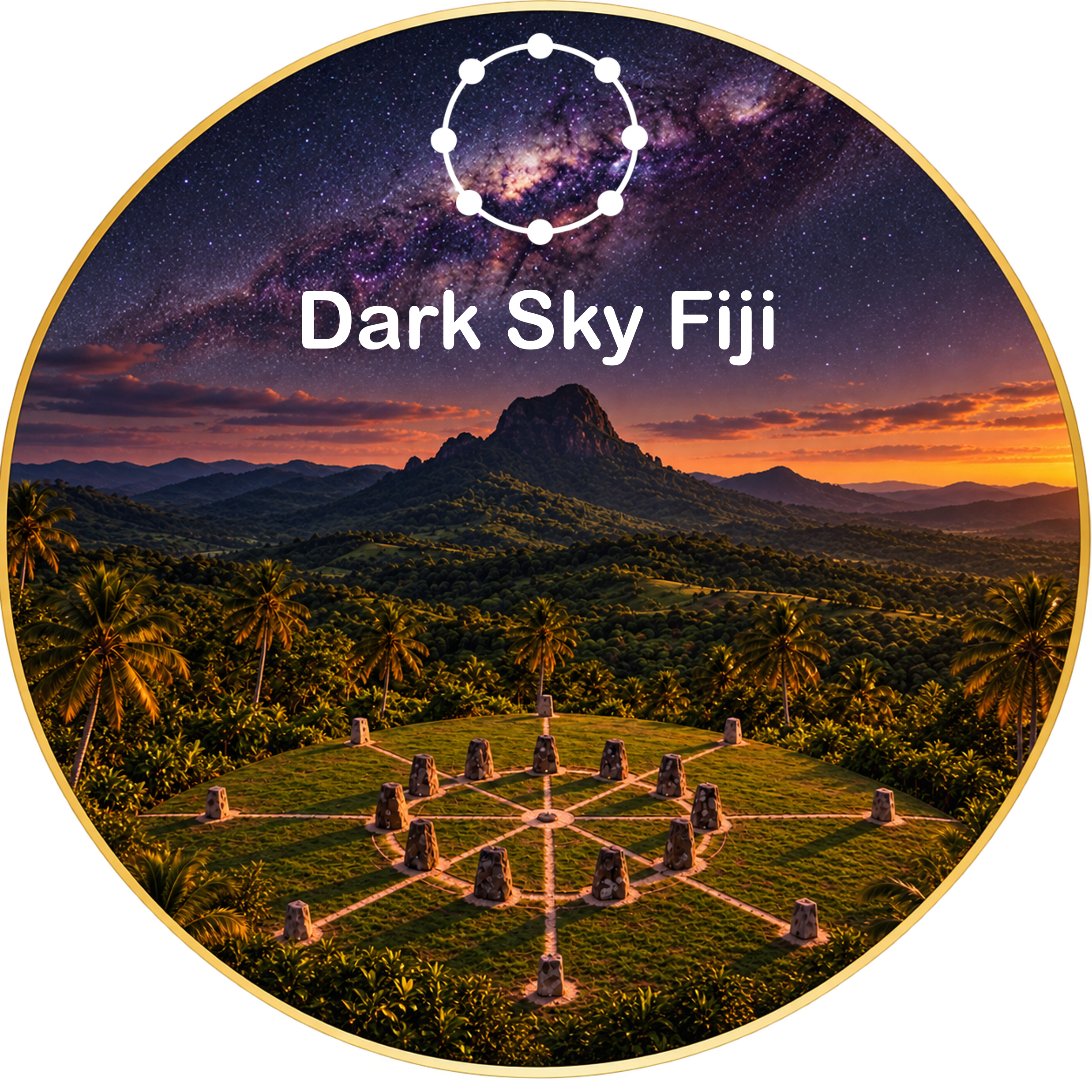 Dark Sky Fiji emblem: a ring of standing stones in a rainforest clearisng under the Milky Way, with a mountain behind