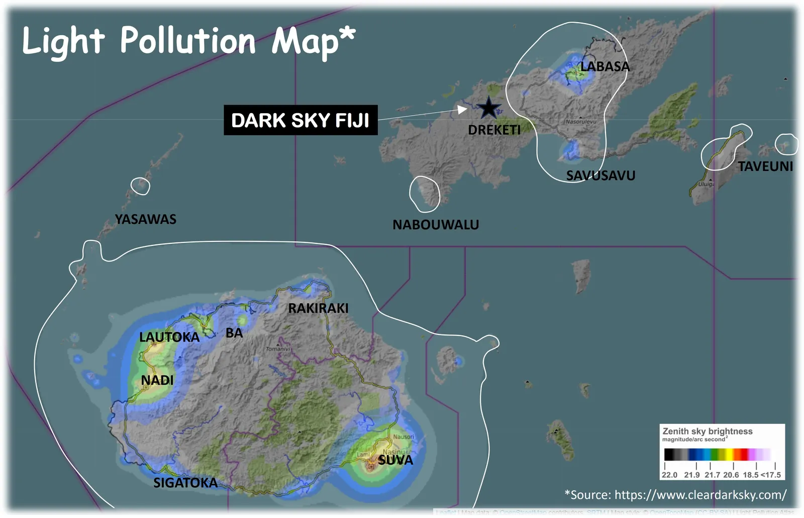 Light pollution map of Fiji with Dark Sky Fiji marked at Dreketi, in a dark area away from the glow of Labasa, Savusavu, Nadi and Suva