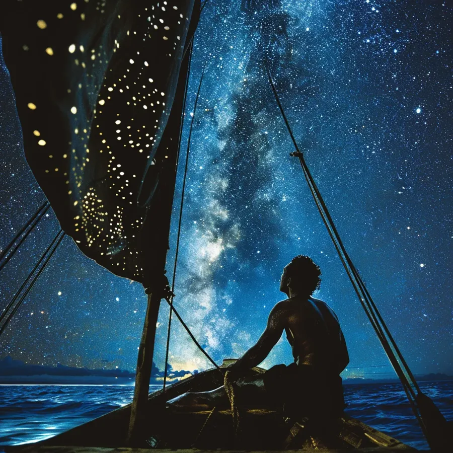 A Pacific voyager on a canoe at night, looking up at the Milky Way