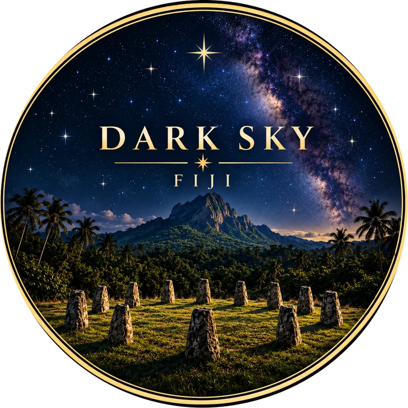 Dark Sky Fiji emblem: a ring of standing stones under the Milky Way, circled by the phases of the moon